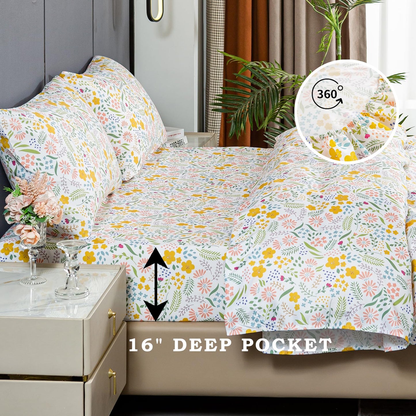 Queen Sheet Set Ultra Soft Breathable Silky Flower Bed Sheets Deep Pocket