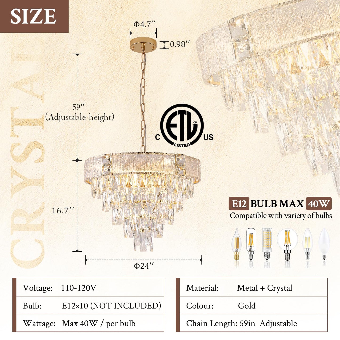 Modern Crystal Chandelier, 20’’ Black and Gold 4 Tiers Crystal