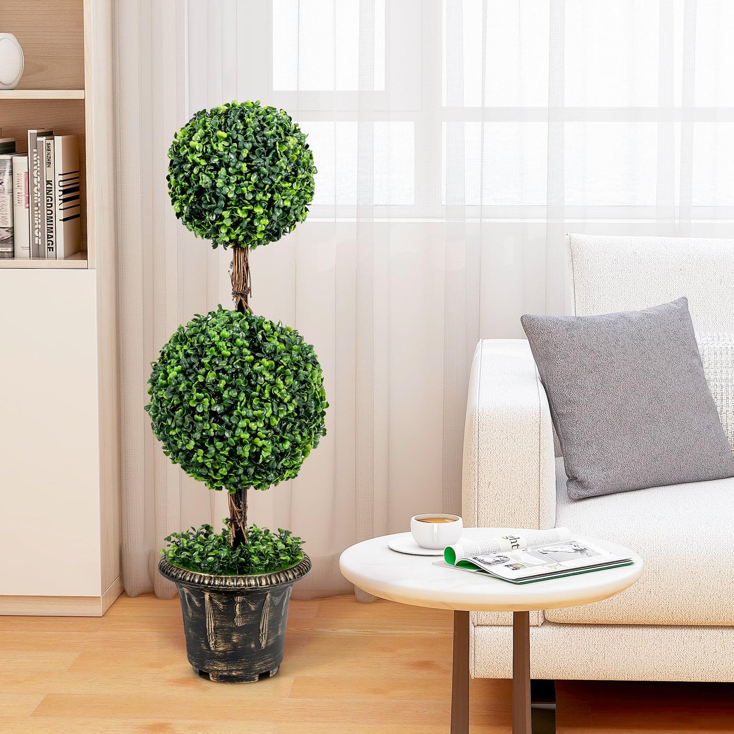 4ft 2 Pack Artificial Boxwood Topiary Tree, Fake Greenery Plants Ball Tree