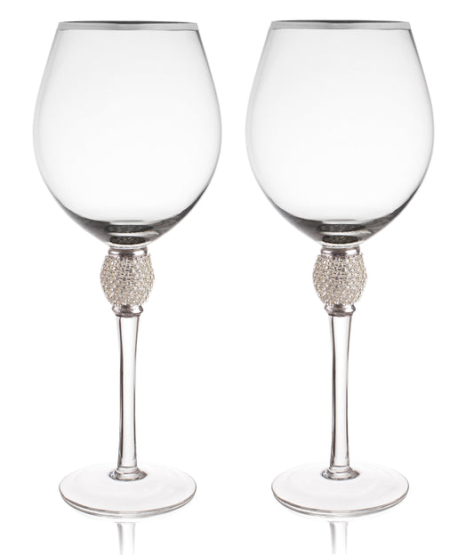 Set of 2 Wine Glasses - Rhinestone DIAMOND Studded With Silver Rim