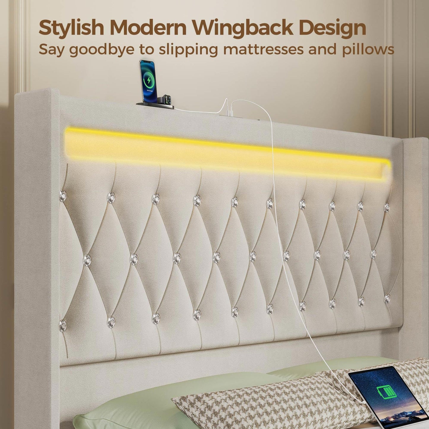 LED Light and Charging Station, Upholstered High Headboard and Footboard