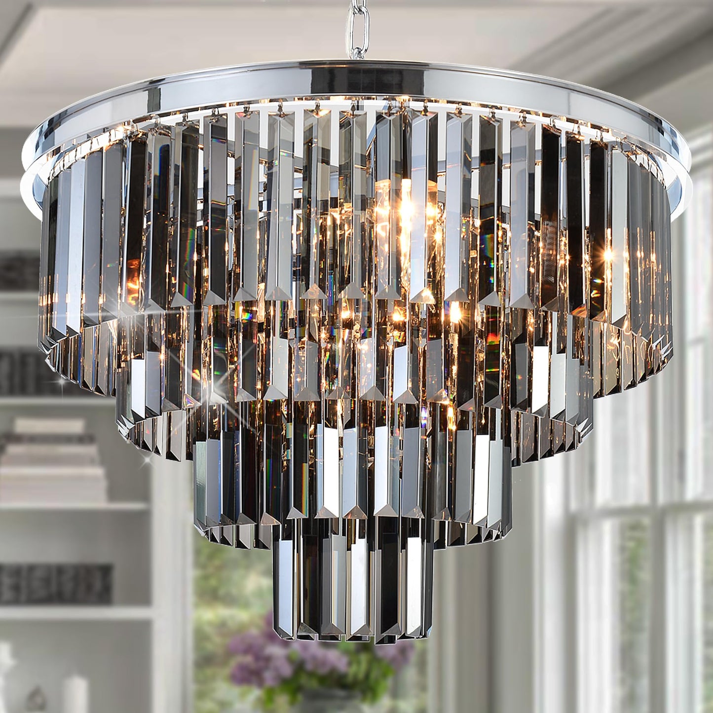 Luxury Smoke Crystal Chrome Chandelier, 8 Lights Pendant