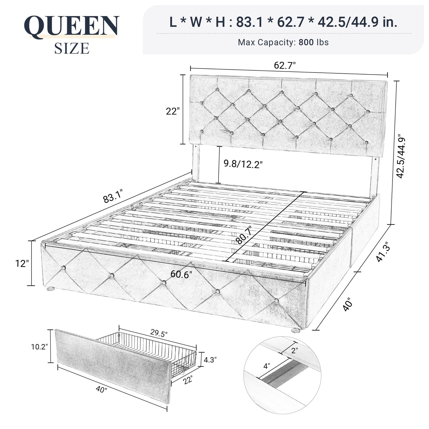 Upholstered Platform Bed Frame with 4 Storage Drawers and Headboard