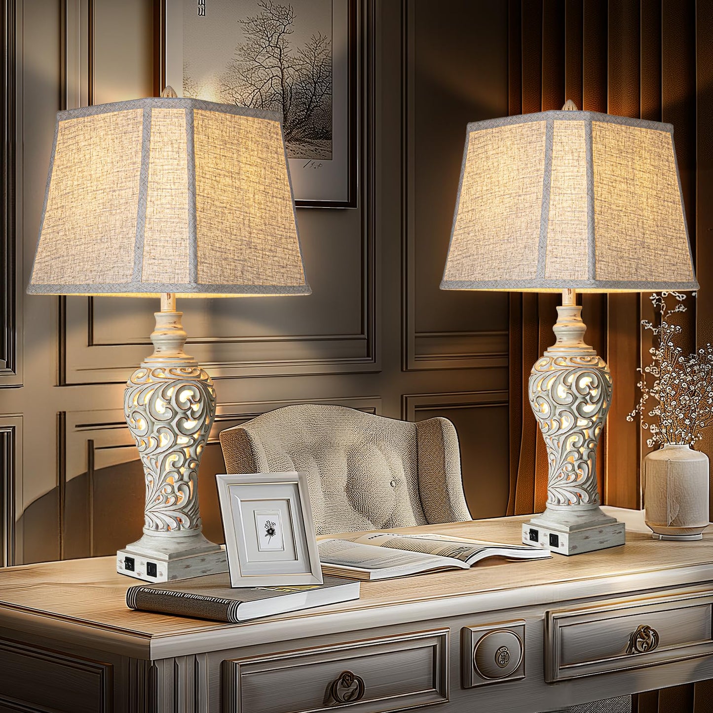 Table Lamps Set of 2 - Fabric Shades with USB and Nightlight