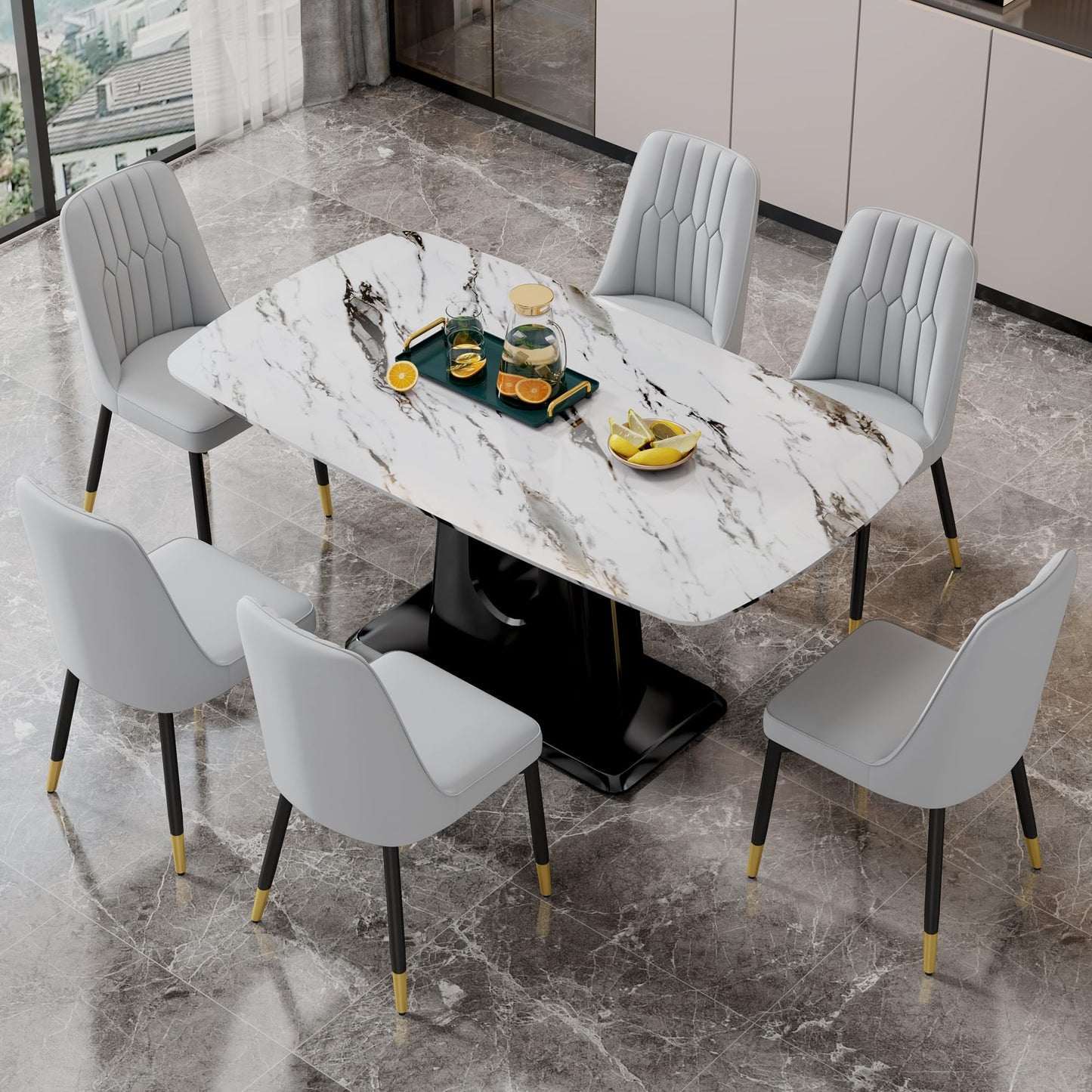 Dining Table Set for 6, White Faux Marble Pattern Table with 6 Modern Dining Chairs