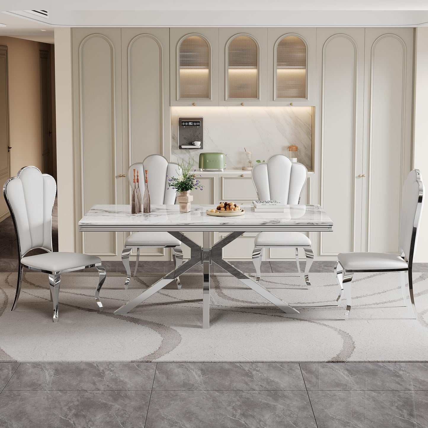 70 Inch White Marble Kitchen Table with Gold Mirrored Cabriole Legs