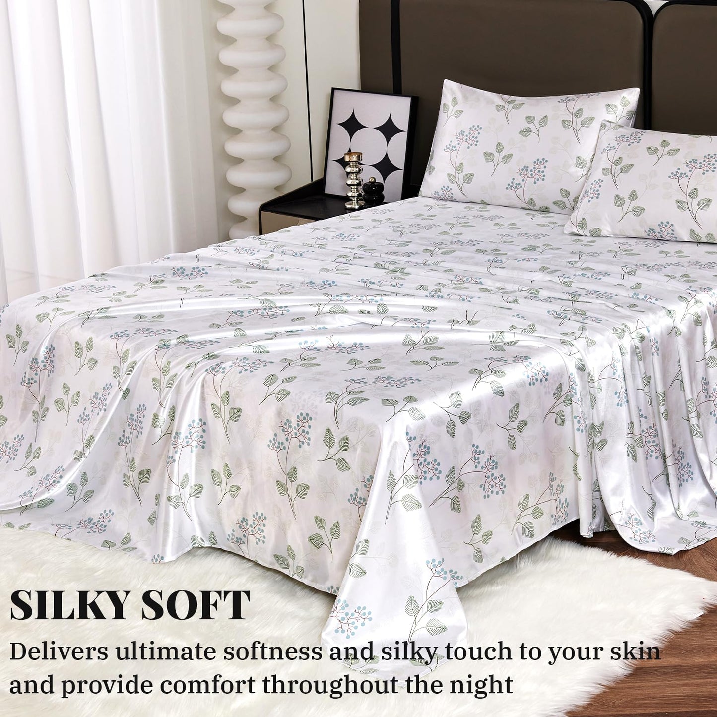 Floral Print - Luxurious Silky Feel Queen Sheet Set - Elegant Smooth Satin Bed Sheets