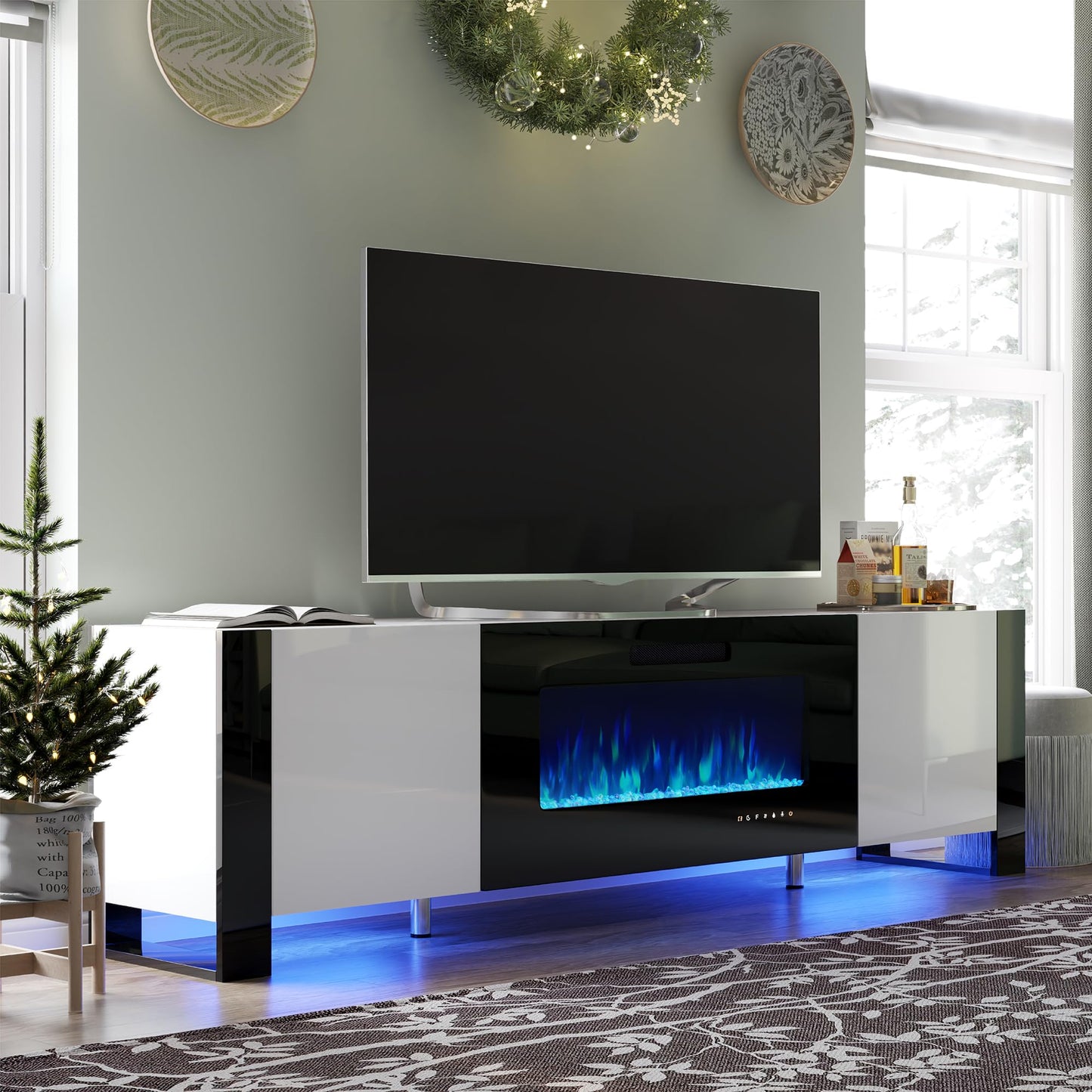 70" Fireplace TV Stand with 36" Electric Fireplace, High Gloss with LED Lights