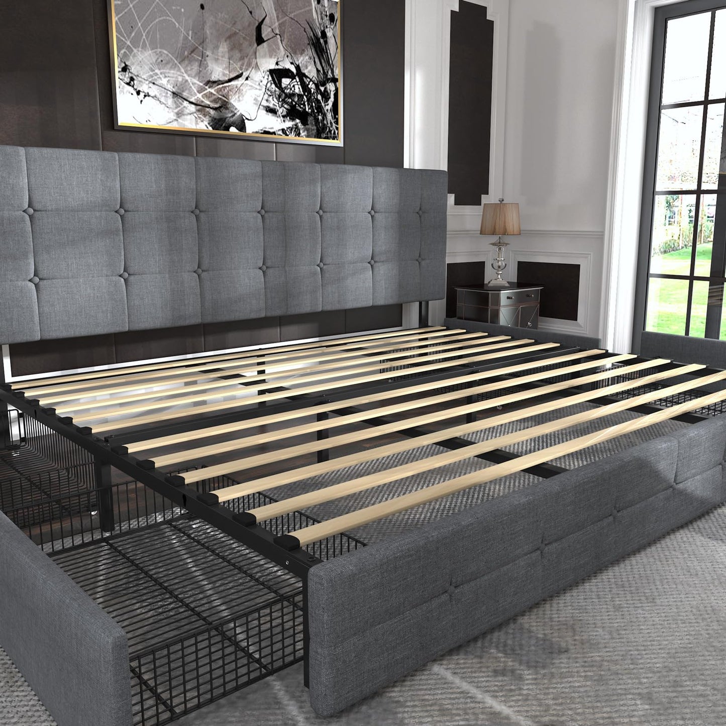 Upholstered Platform Bed Frame with 4 Storage Drawers and Headboard