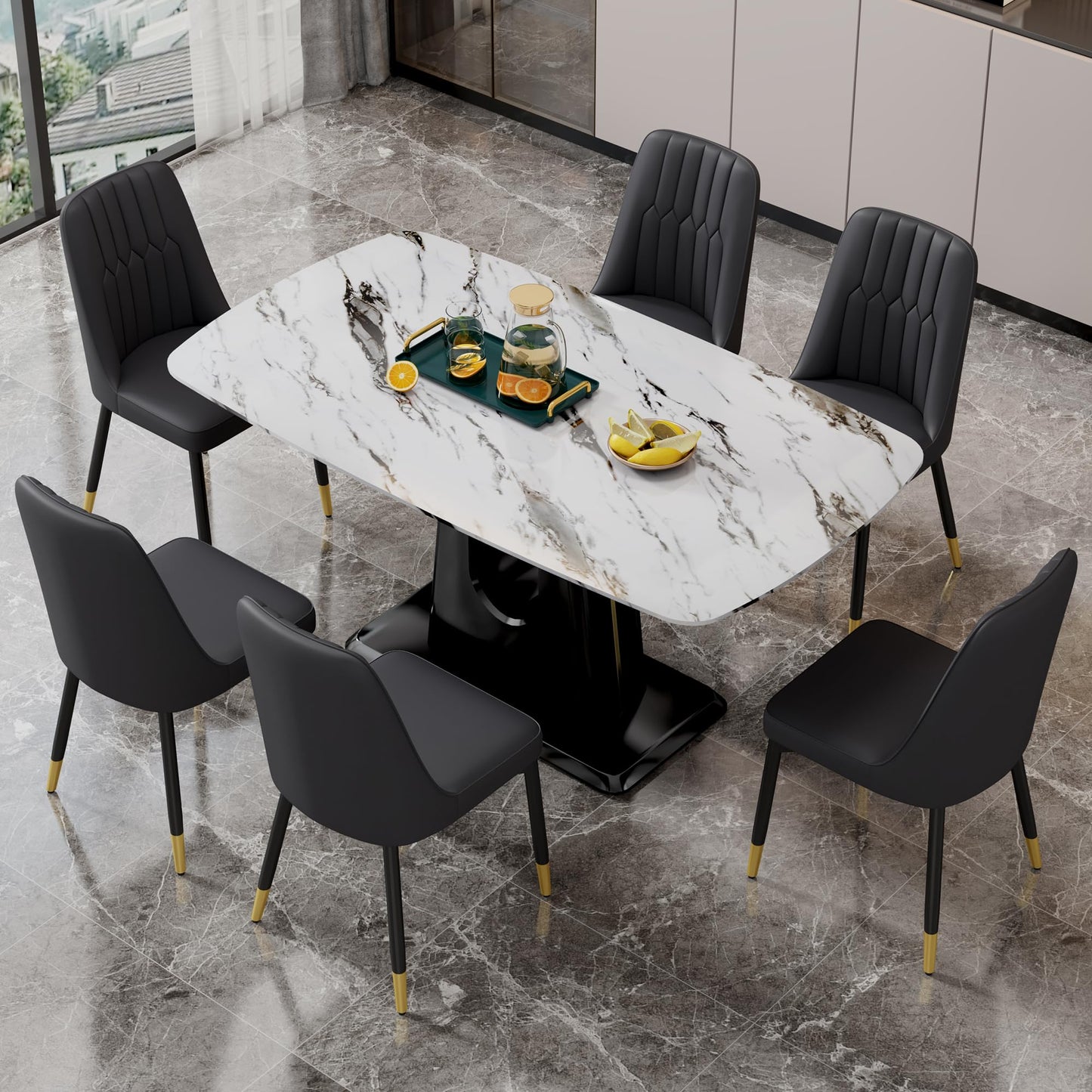 Dining Table Set for 6, White Faux Marble Pattern Table with 6 Modern Dining Chairs