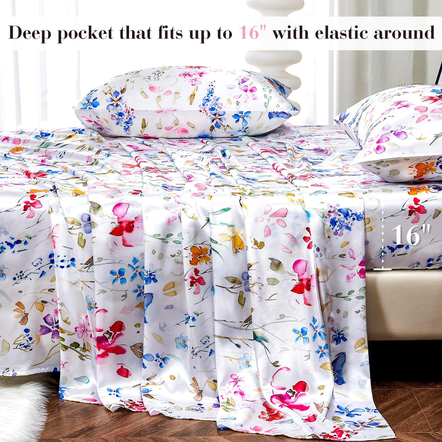 Floral Print - Luxurious Silky Feel Queen Sheet Set - Elegant Smooth Satin Bed Sheets