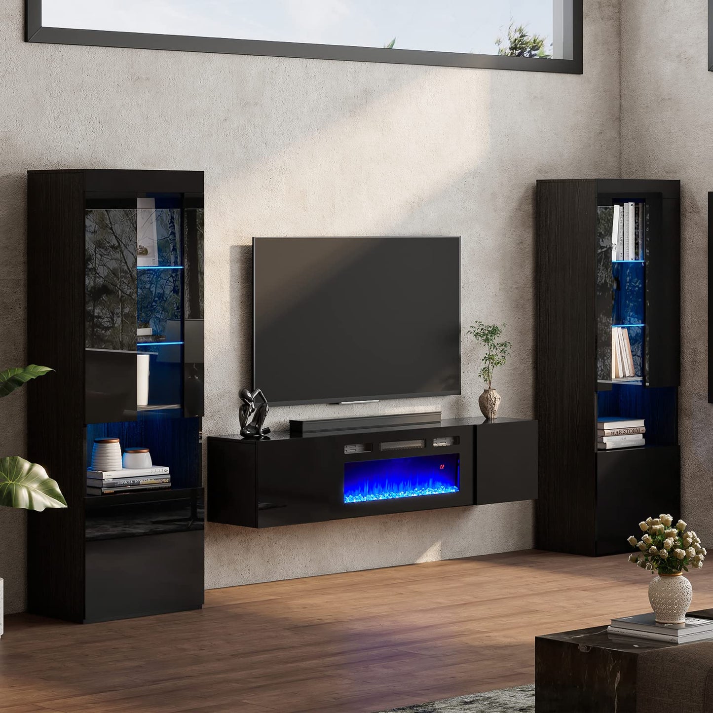 High Gloss Living Room Entertainment Center Including Floating Fireplace