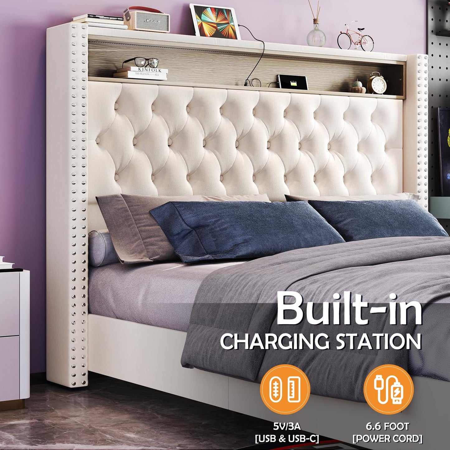 LED King Size Bed Frame and Headboard with Charging Station Velvet Upholstered