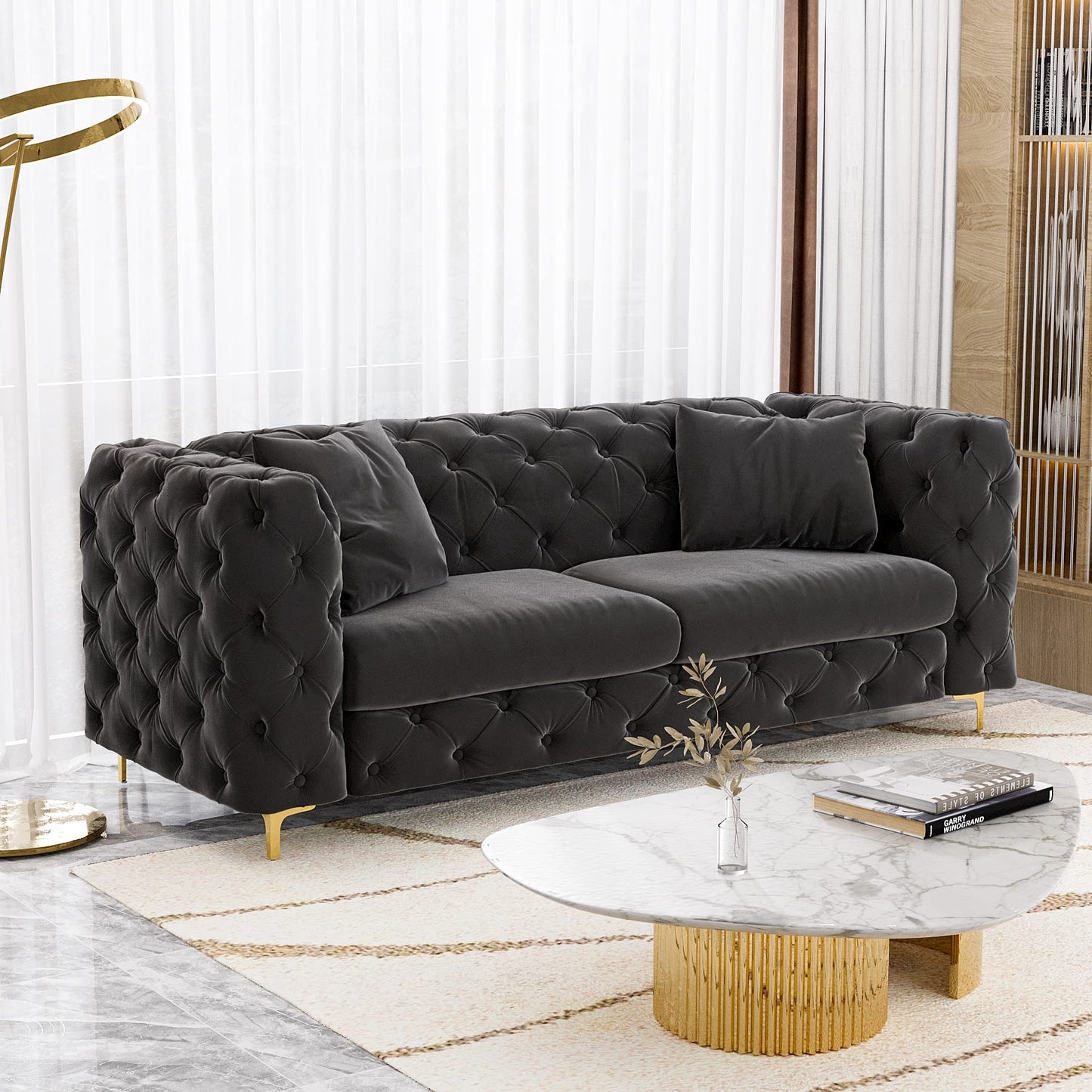 75 Inch Sofa Couch Modern Velour Upholstered Couch Tufted Casual Velvet Sofa