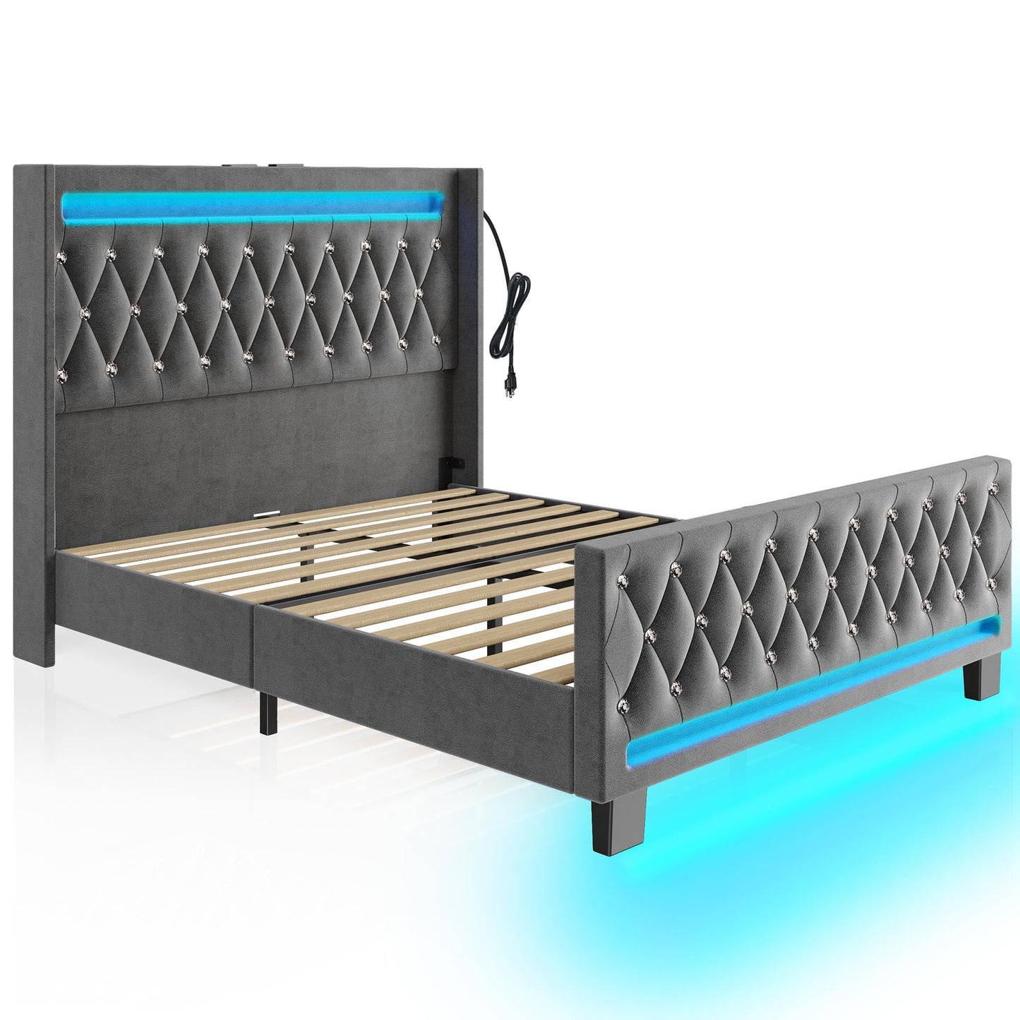 LED Light and Charging Station, Upholstered High Headboard and Footboard