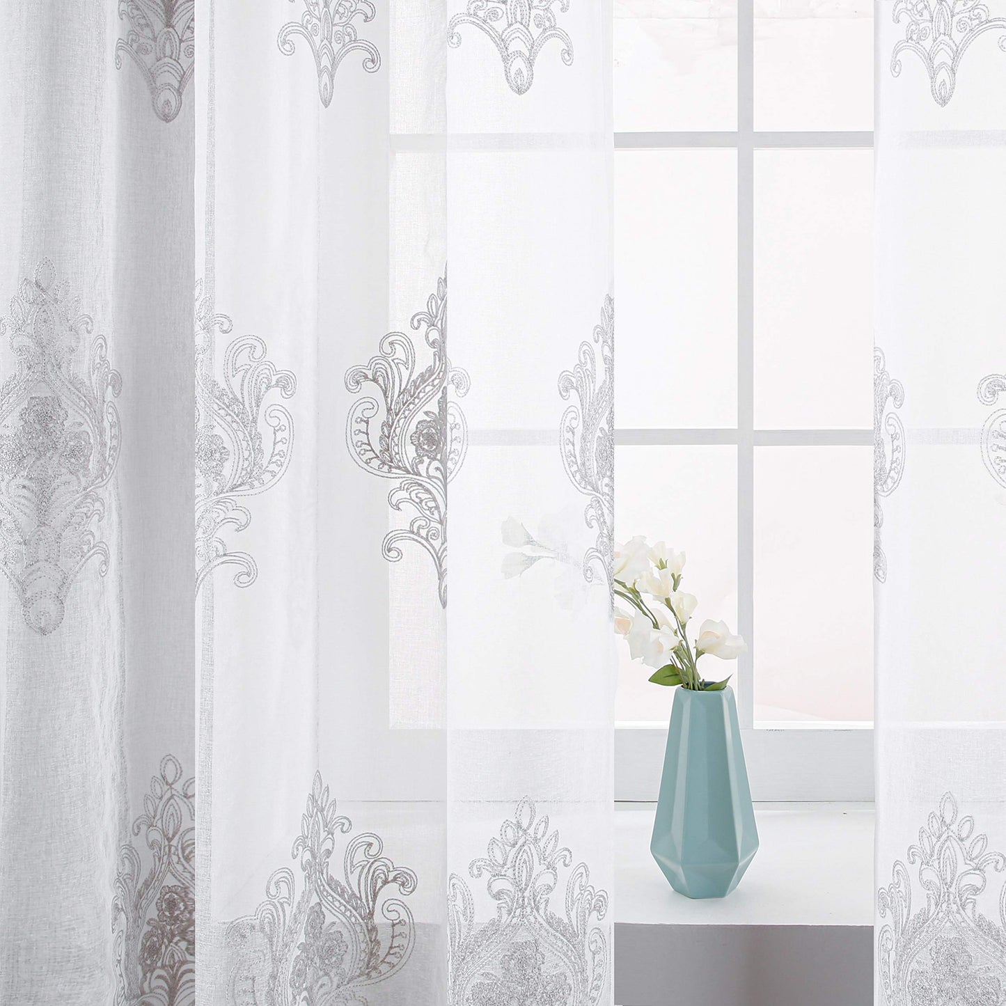 White Sheer 90 Inches Linen Grey Damask Embroidered Window Curtains