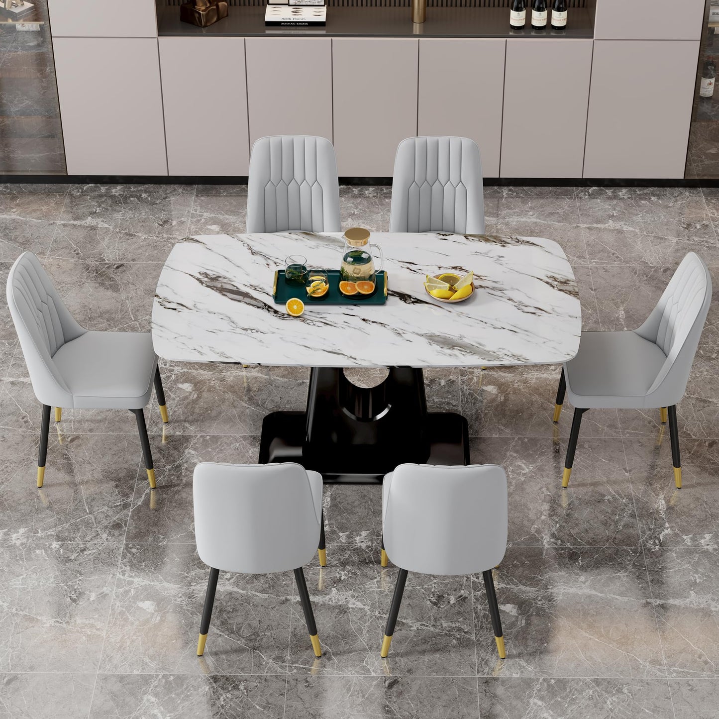 Dining Table Set for 6, White Faux Marble Pattern Table with 6 Modern Dining Chairs