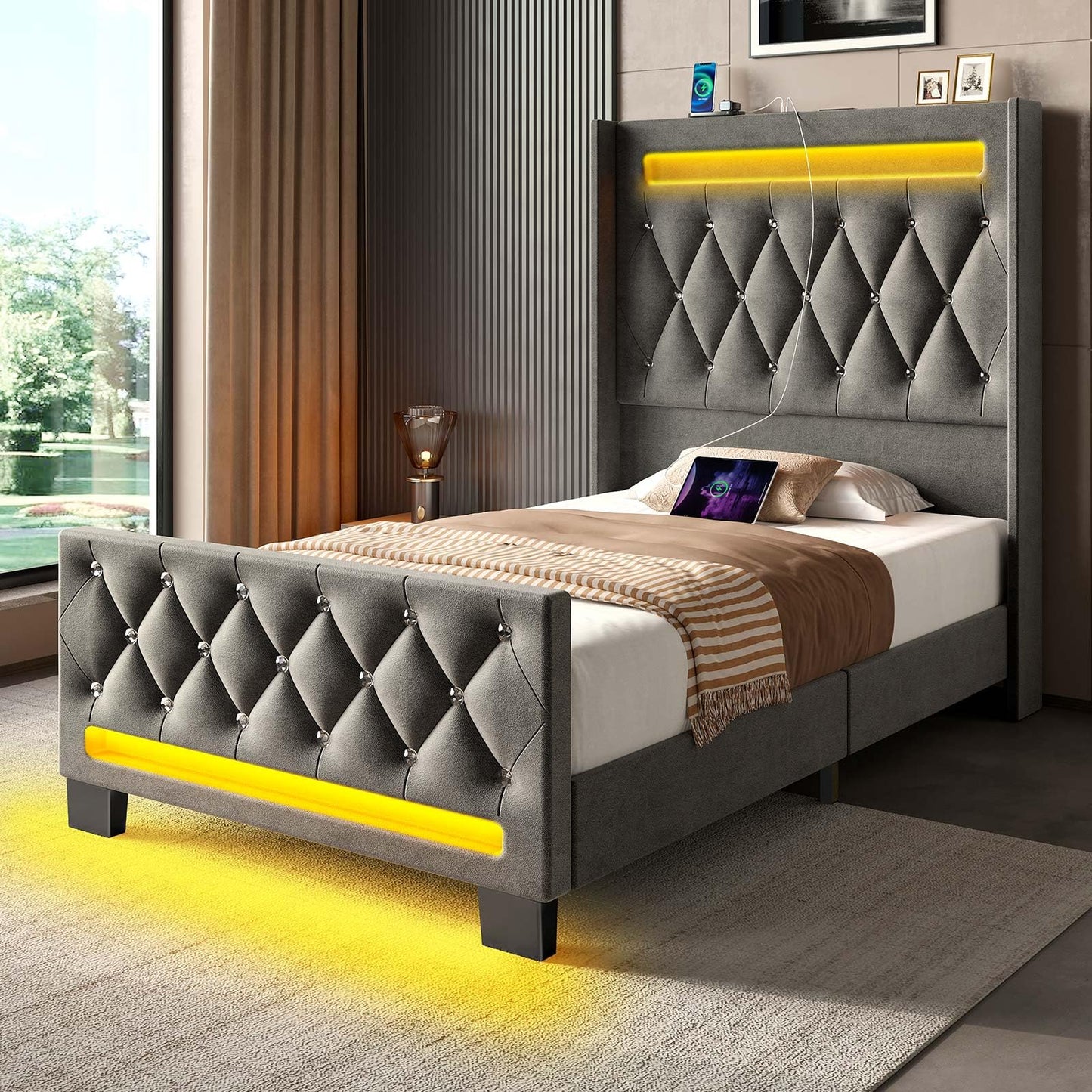 LED Light and Charging Station, Upholstered High Headboard and Footboard