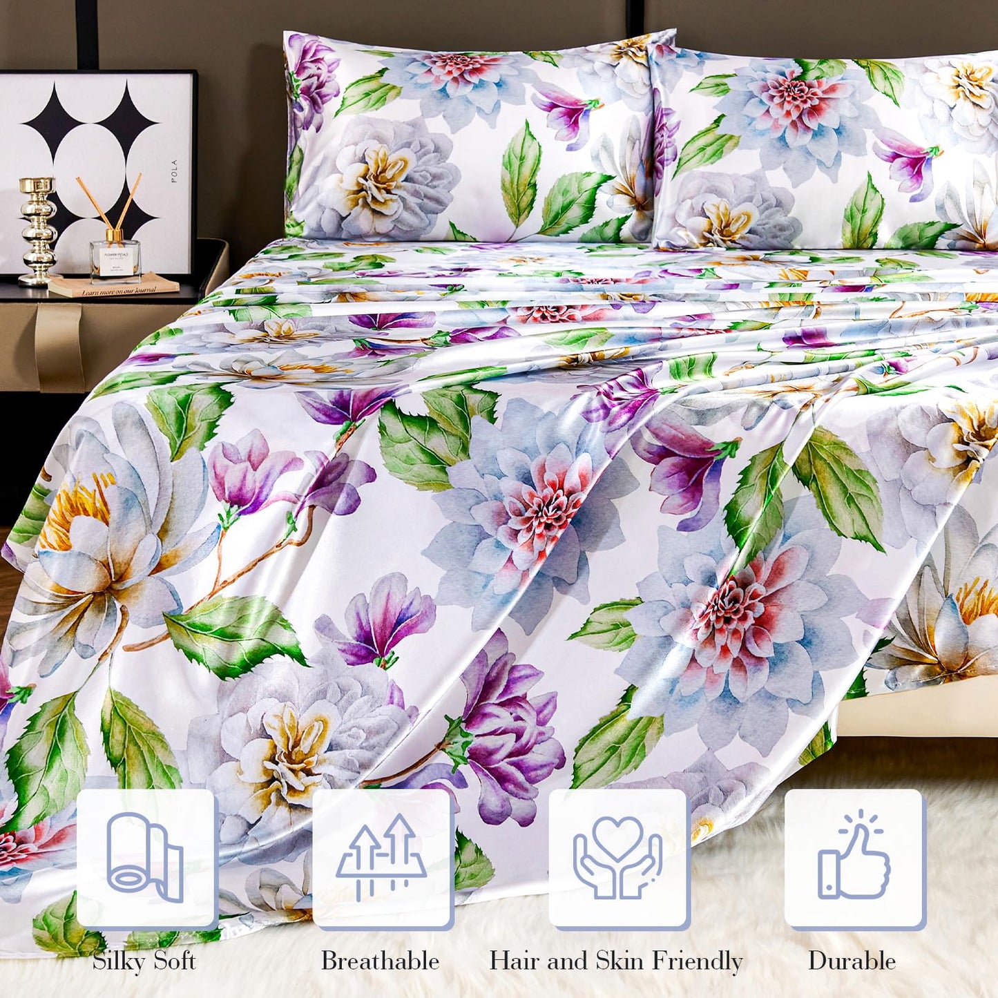 Floral Print - Luxurious Silky Feel Queen Sheet Set - Elegant Smooth Satin Bed Sheets