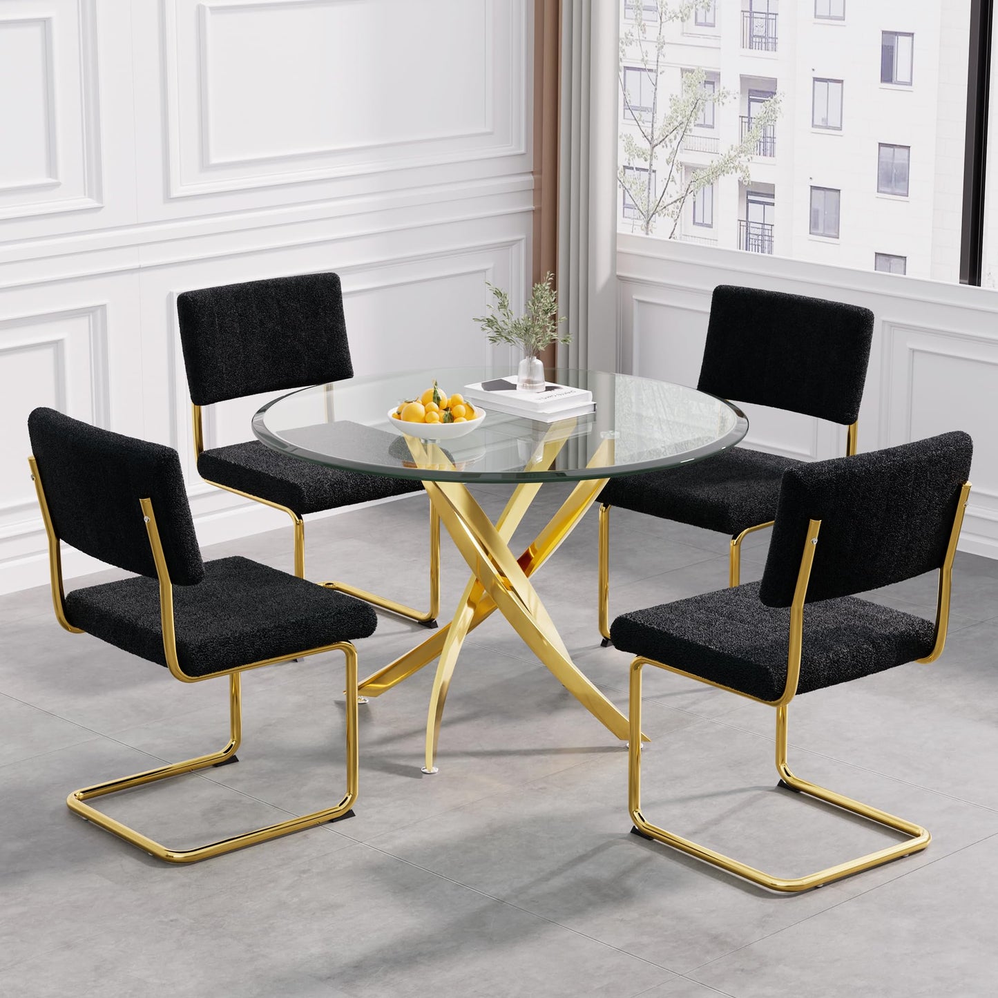 5 Piece Round Glass Dining Table Table Set, Round Glass with 4 PU Dining Chairs