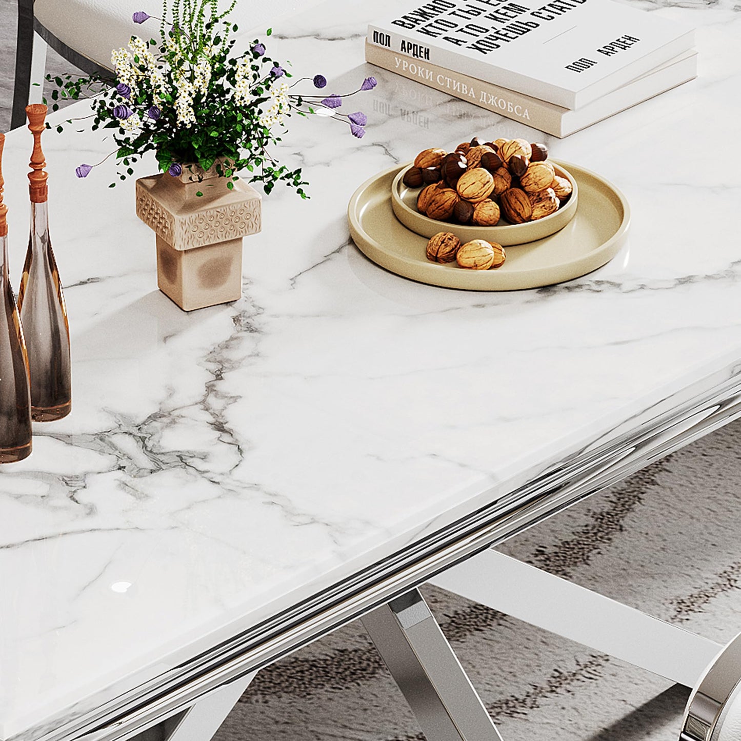 70 Inch White Marble Kitchen Table with Gold Mirrored Cabriole Legs