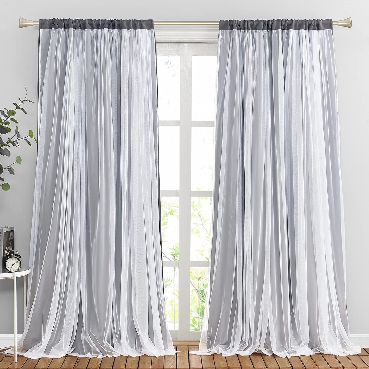 Double-Layered Curtains with Tie-Backs Sheer Drapes Light Blocking, 2 Pcs