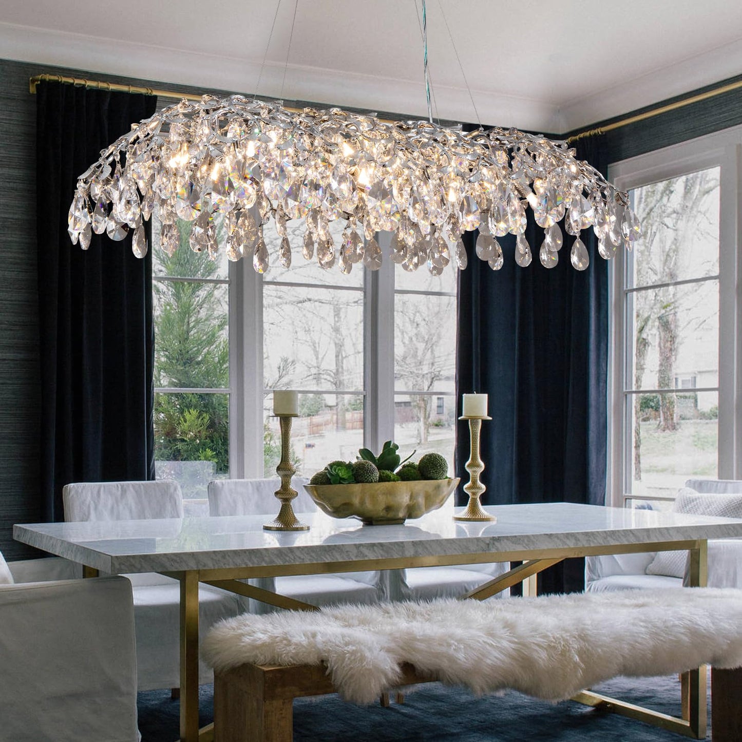 Modern Crystal Chandelier, Gold Pendant Flower Hanging Lighting