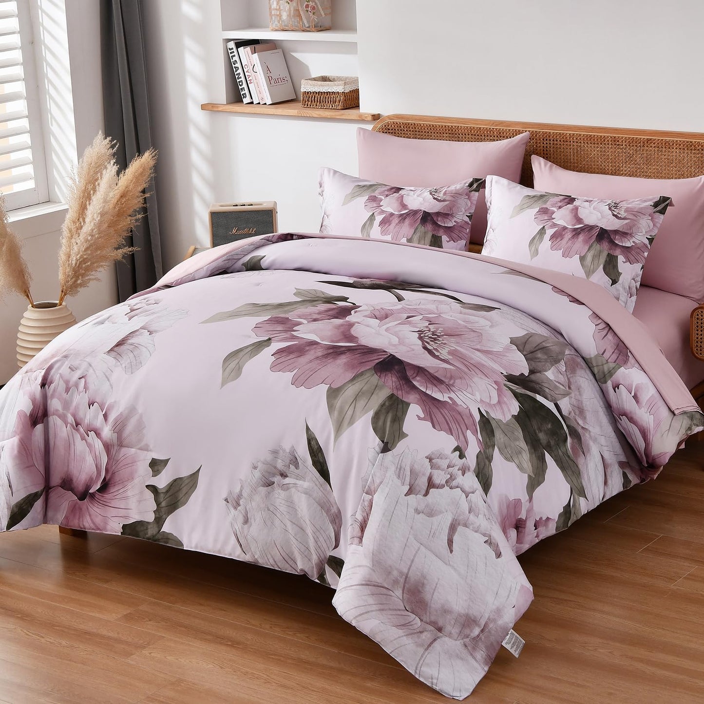 Black Queen Comforter Set 7 Piece Bed in a Bag, Pink Floral Printed