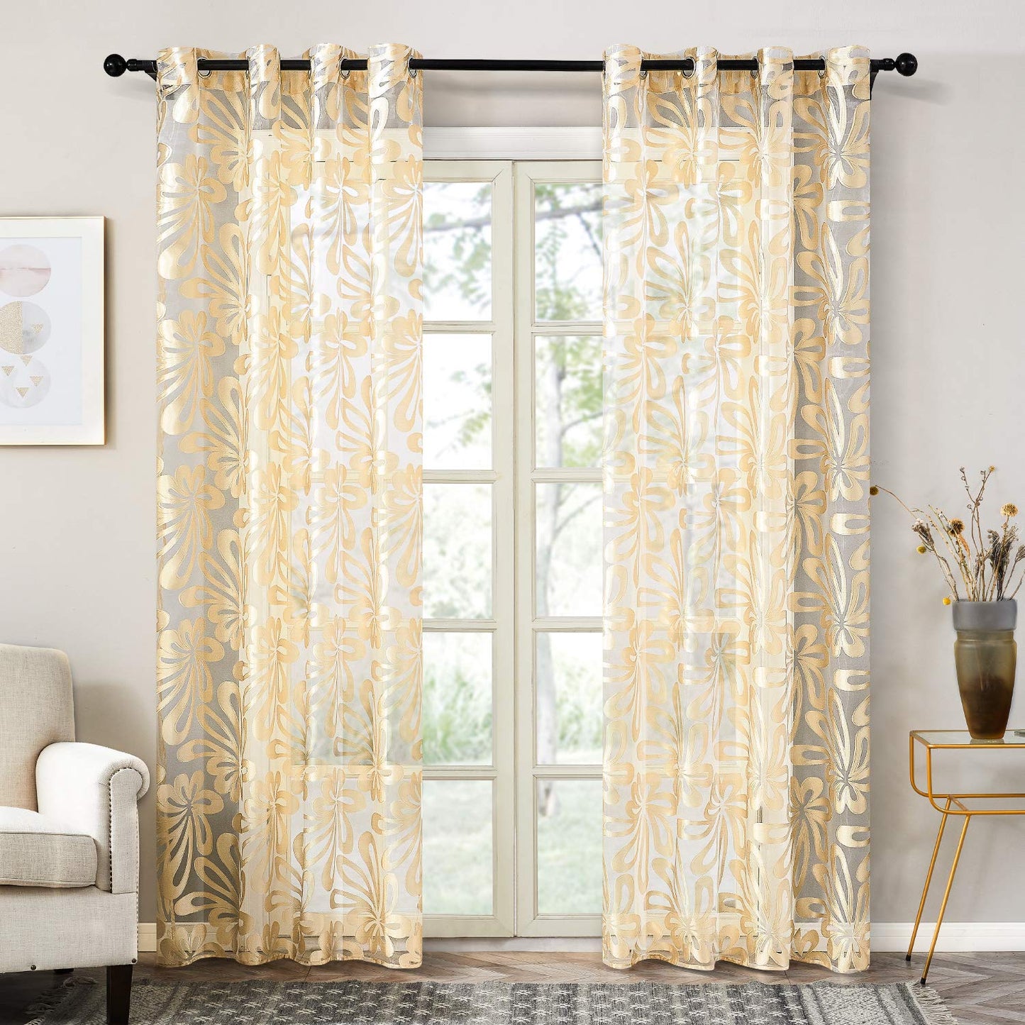 Floral Voile Sheer Curtains 84 Inches Long - Window Treatments 2 Panels