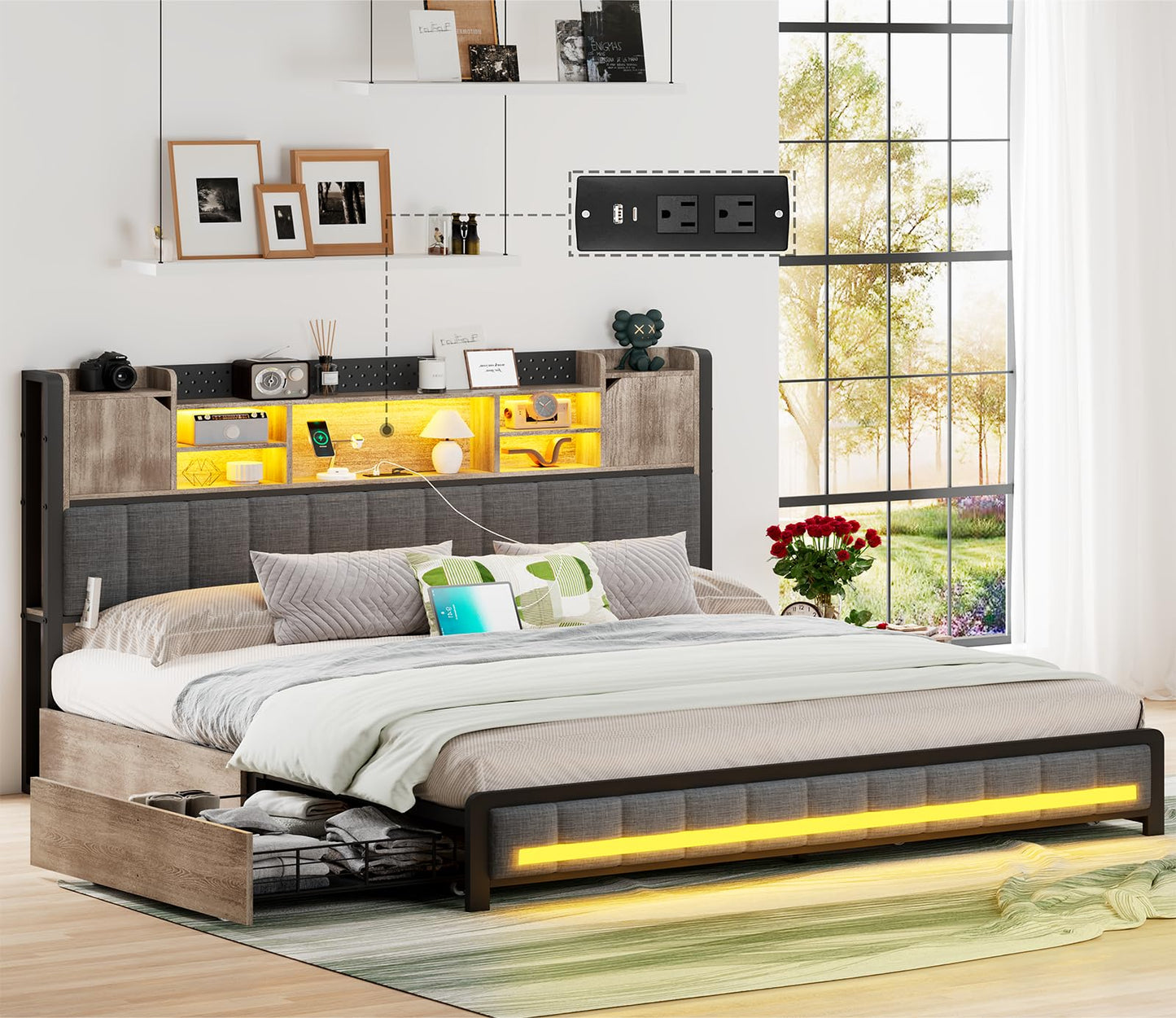 King LED Upholstered Metal Bed Frame with Storage Headboard