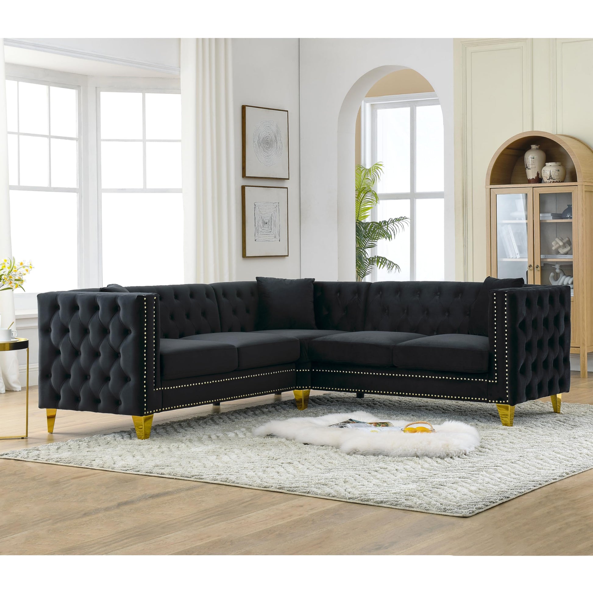 82" L-Shaped Velvet Corner Sofa, 5-Seater Corner Sofas with 3 Cushions for Living Room EK HOME FURNITURE