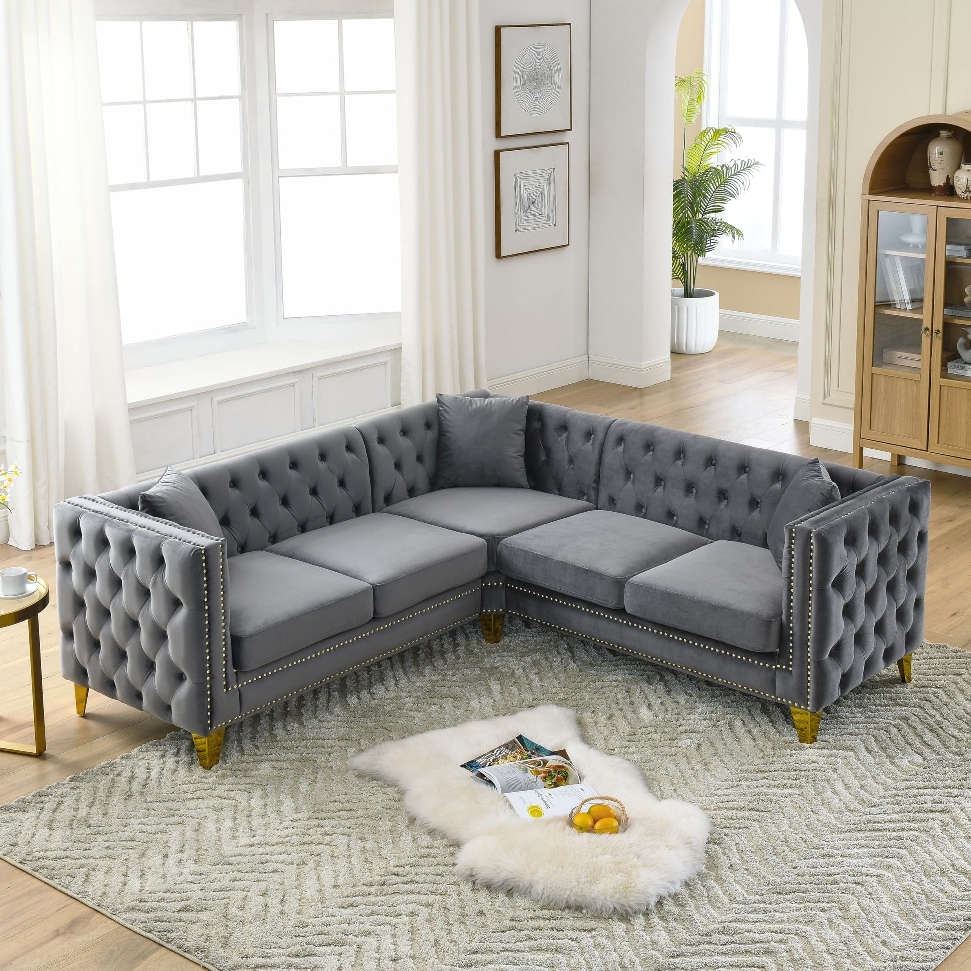 82" L-Shaped Velvet Corner Sofa, 5-Seater Corner Sofas with 3 Cushions for Living Room EK HOME FURNITURE