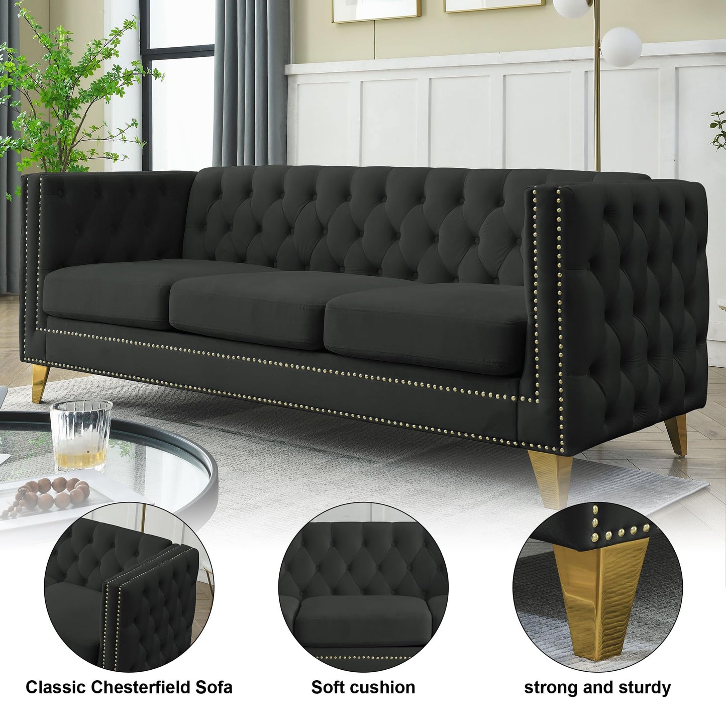 82" L-Shaped Velvet Corner Sofa, 5-Seater Corner Sofas with 3 Cushions for Living Room EK HOME FURNITURE