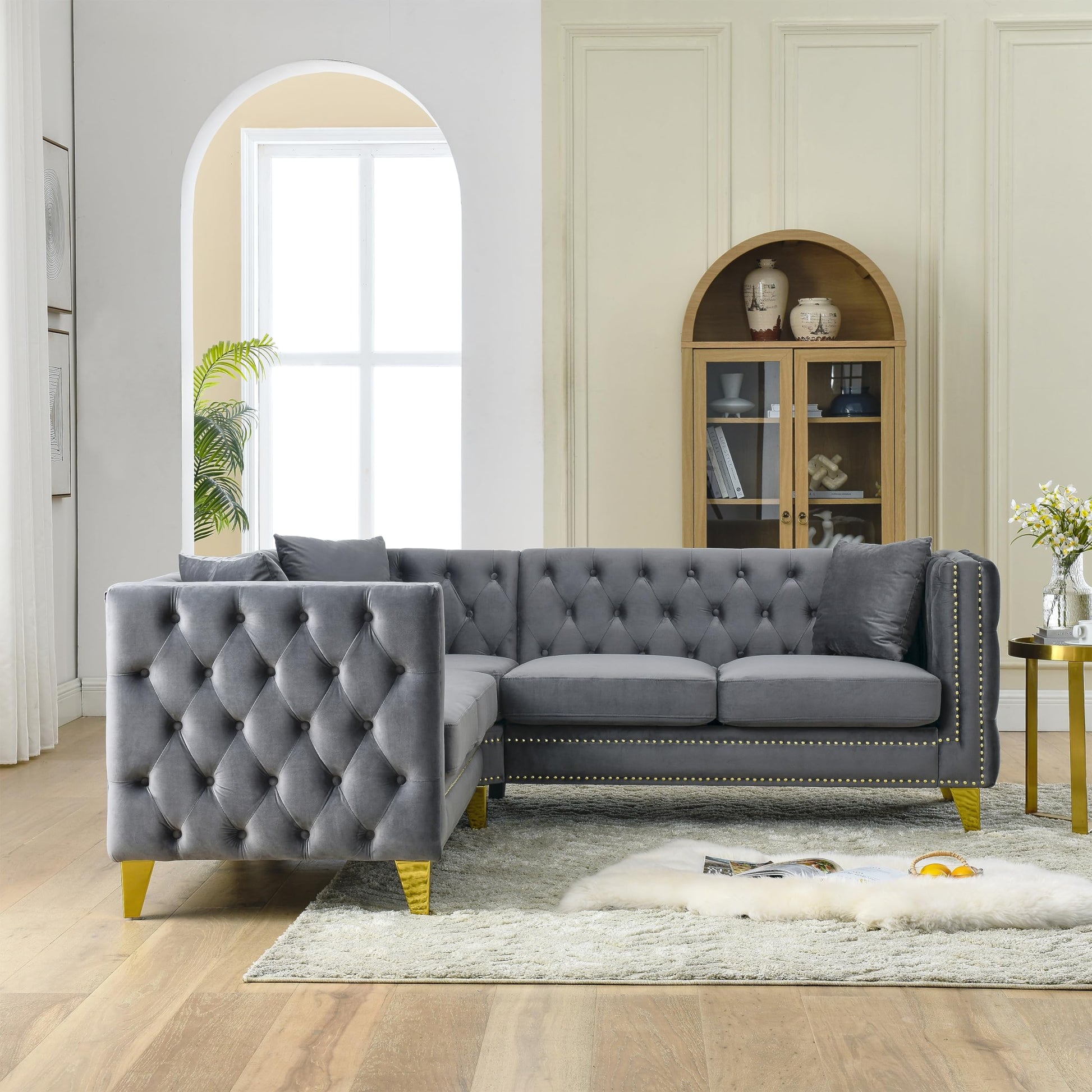 82" L-Shaped Velvet Corner Sofa, 5-Seater Corner Sofas with 3 Cushions for Living Room EK HOME FURNITURE