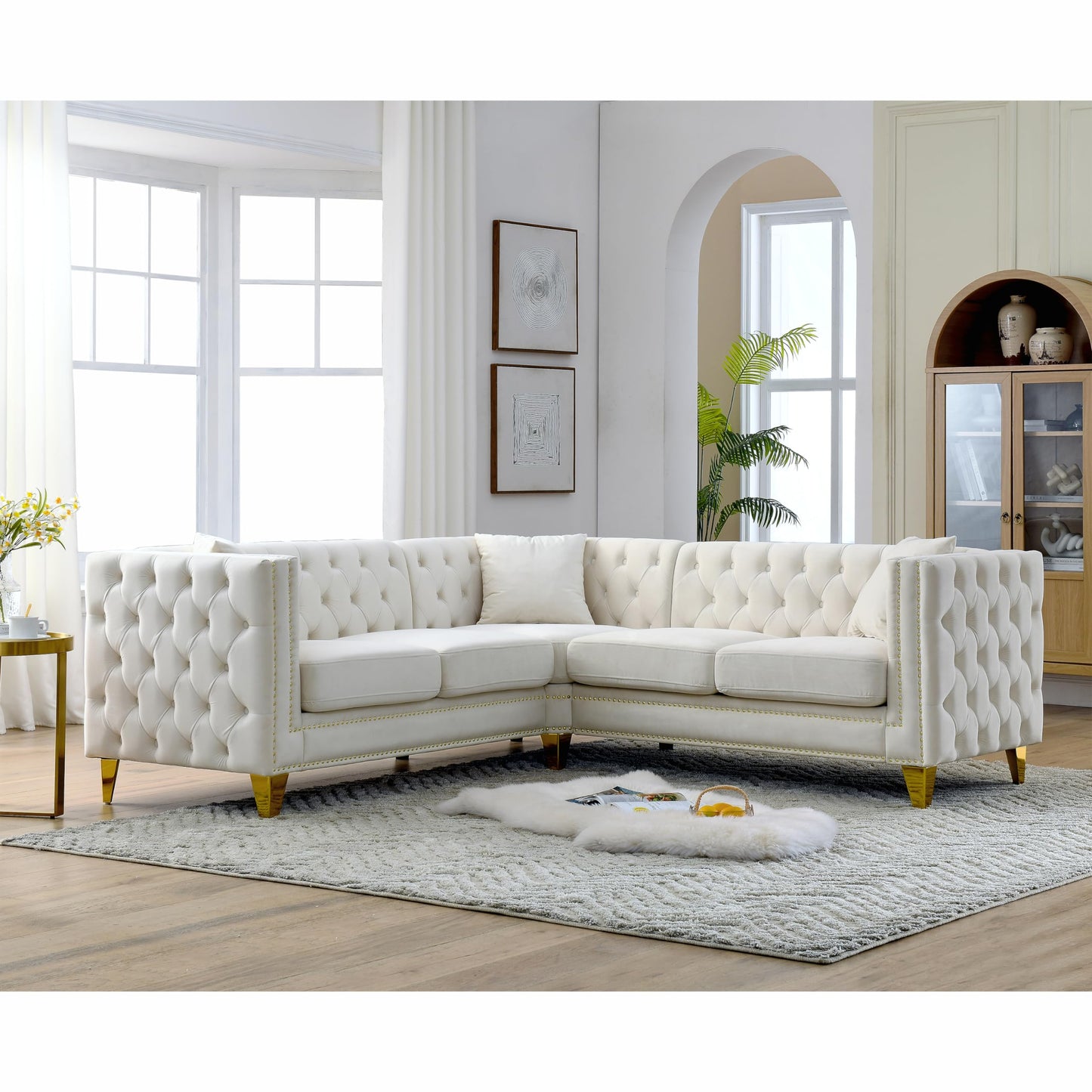 82" L-Shaped Velvet Corner Sofa, 5-Seater Corner Sofas with 3 Cushions for Living Room EK HOME FURNITURE