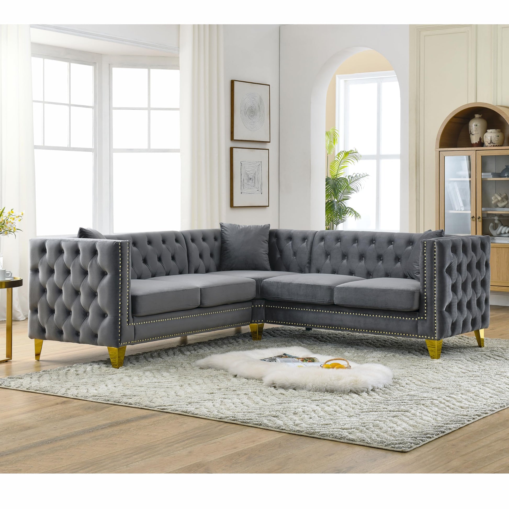 82" L-Shaped Velvet Corner Sofa, 5-Seater Corner Sofas with 3 Cushions for Living Room EK HOME FURNITURE