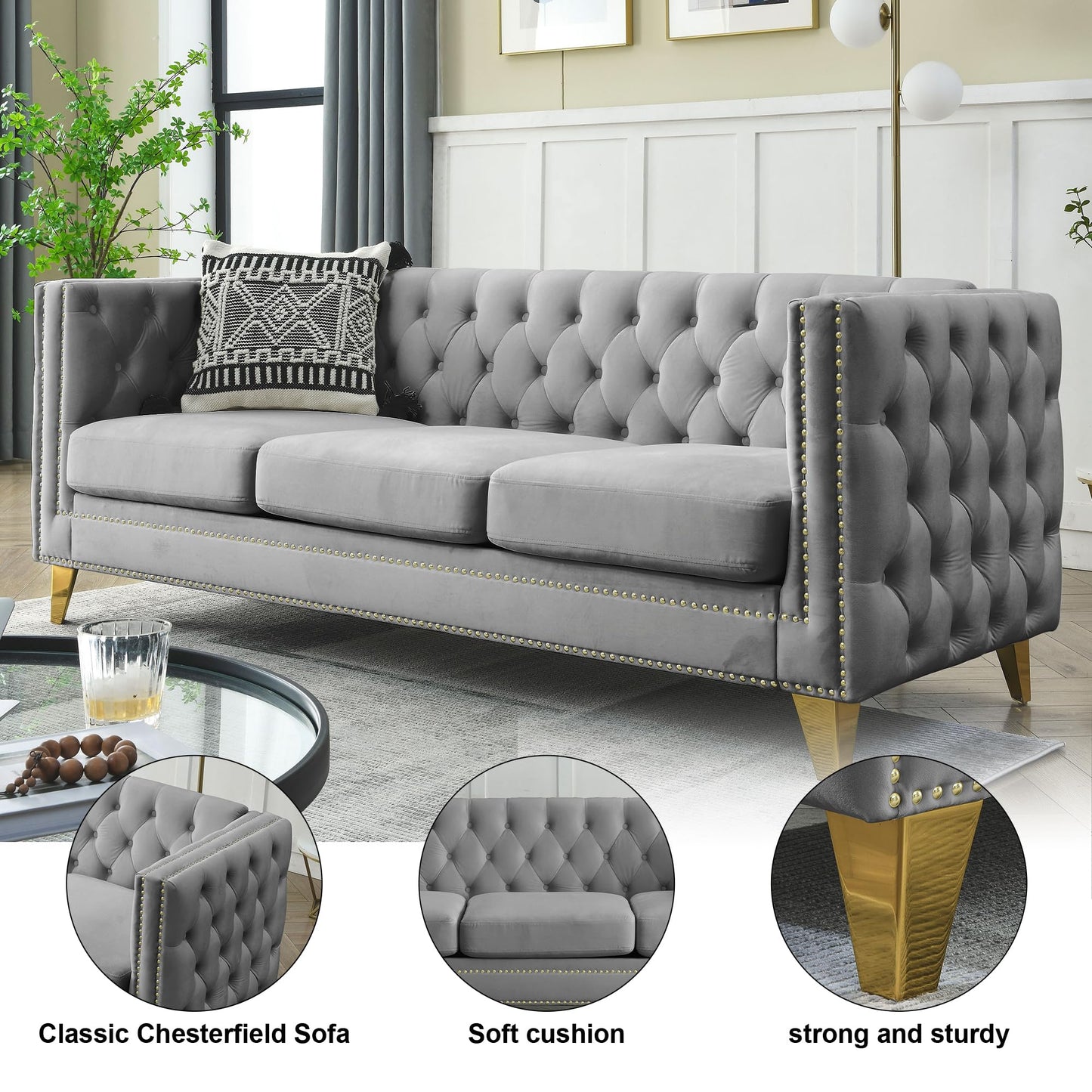 82" L-Shaped Velvet Corner Sofa, 5-Seater Corner Sofas with 3 Cushions for Living Room EK HOME FURNITURE