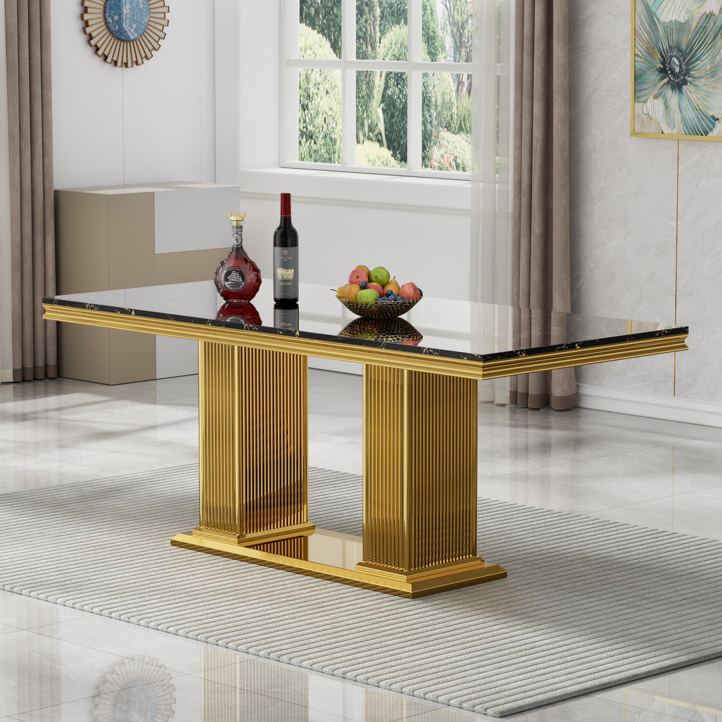 70 Inch White Marble Kitchen Table with Gold Mirrored Cabriole Legs