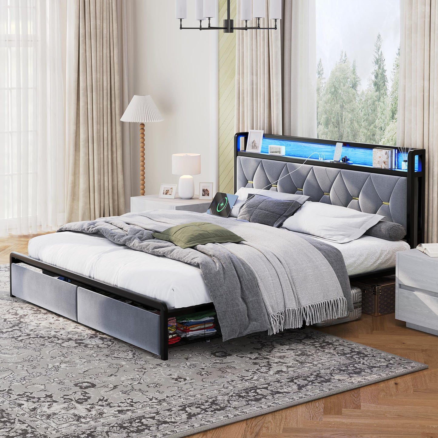 Led King Platform Bed Frame with Faux Leather Storage Headboard