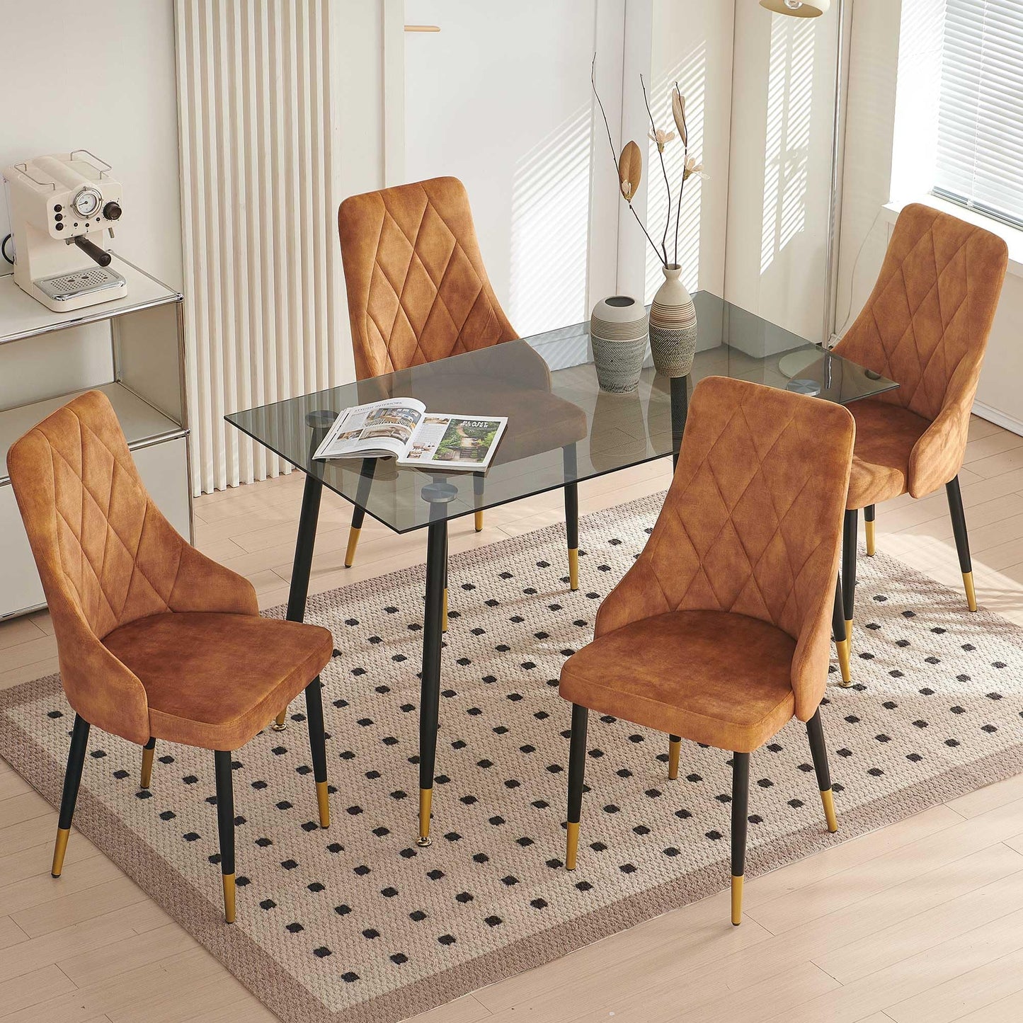 Kitchen Table and Chairs Set, Grey Glass Round Table with Metal Legs, 4 Chairs