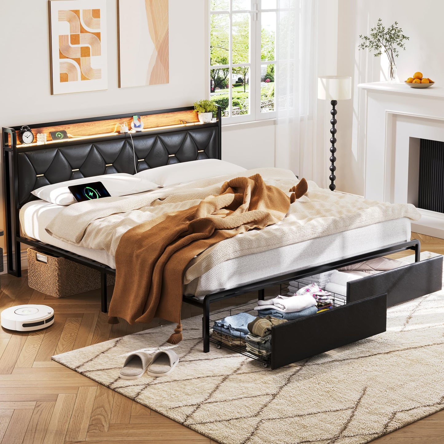 Led King Platform Bed Frame with Faux Leather Storage Headboard