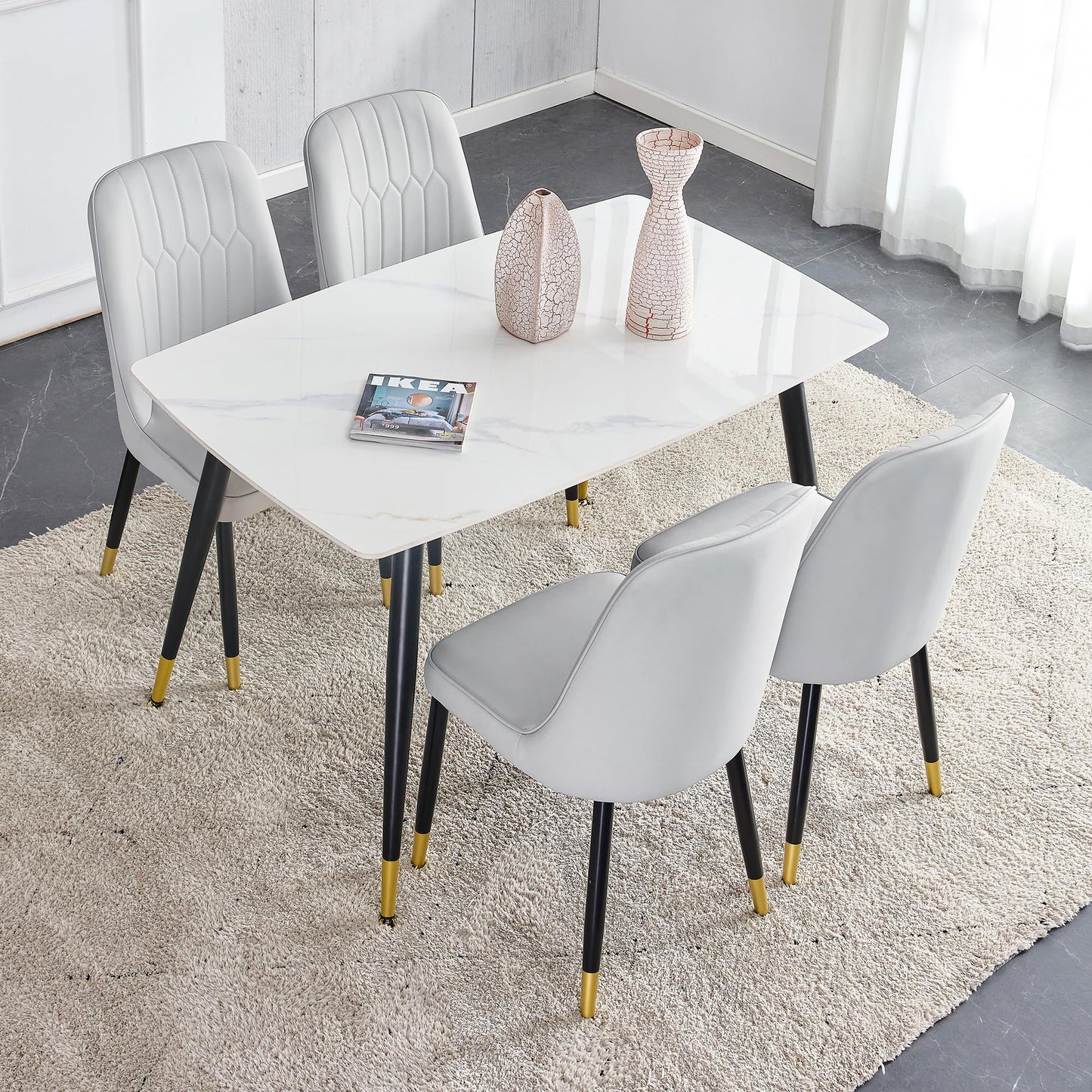 Dining Room Table Set for 4,Sintered Stone Kitchen Table Top and Modern Chairs