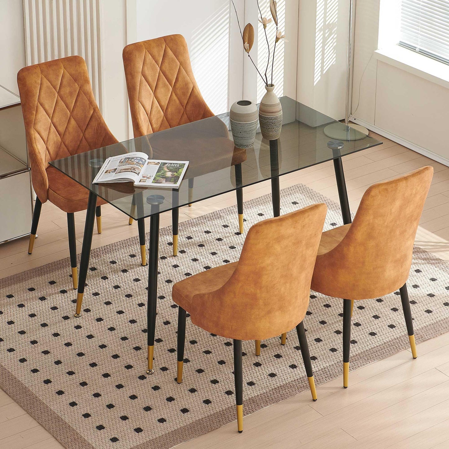 Kitchen Table and Chairs Set, Grey Glass Round Table with Metal Legs, 4 Chairs