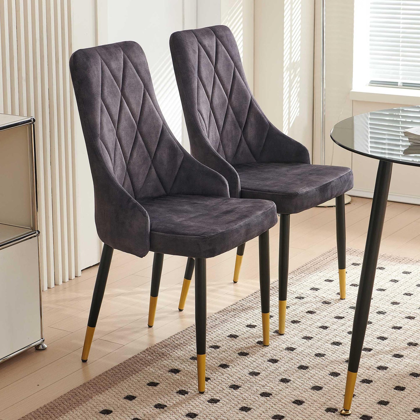 Kitchen Table and Chairs Set, Grey Glass Round Table with Metal Legs, 4 Chairs