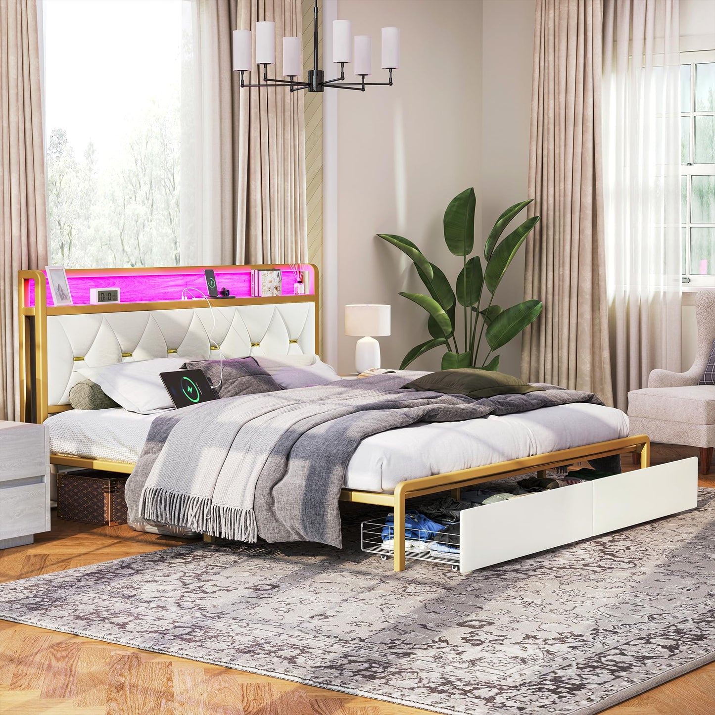 Led King Platform Bed Frame with Faux Leather Storage Headboard