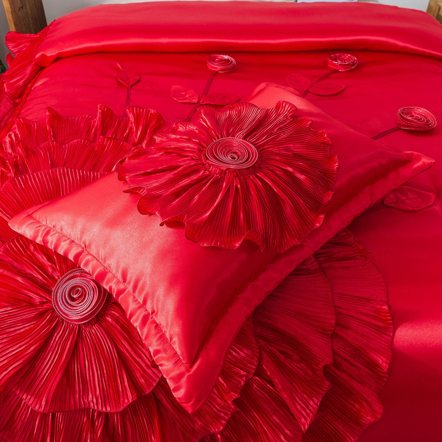 Solid Bright Red Satin Bedding Ruffle Comforter Queen Comforter Set Red