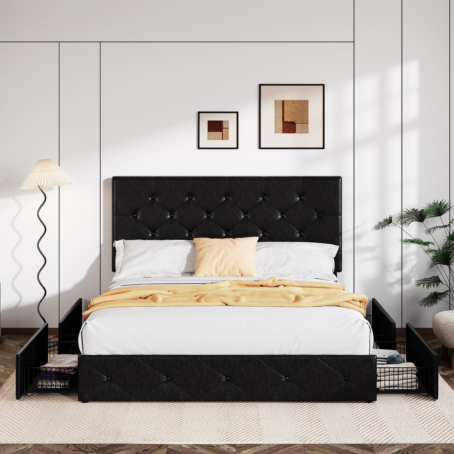 Upholstered Platform Bed Frame with 4 Storage Drawers and Headboard