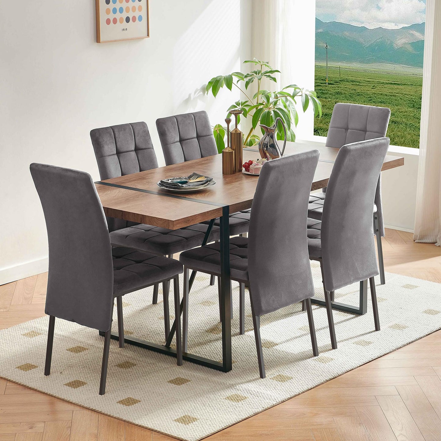 7 PCS Dining Room Table Set, 66" Large Kitchen Table Chairs Velvet Upholstered Chairs