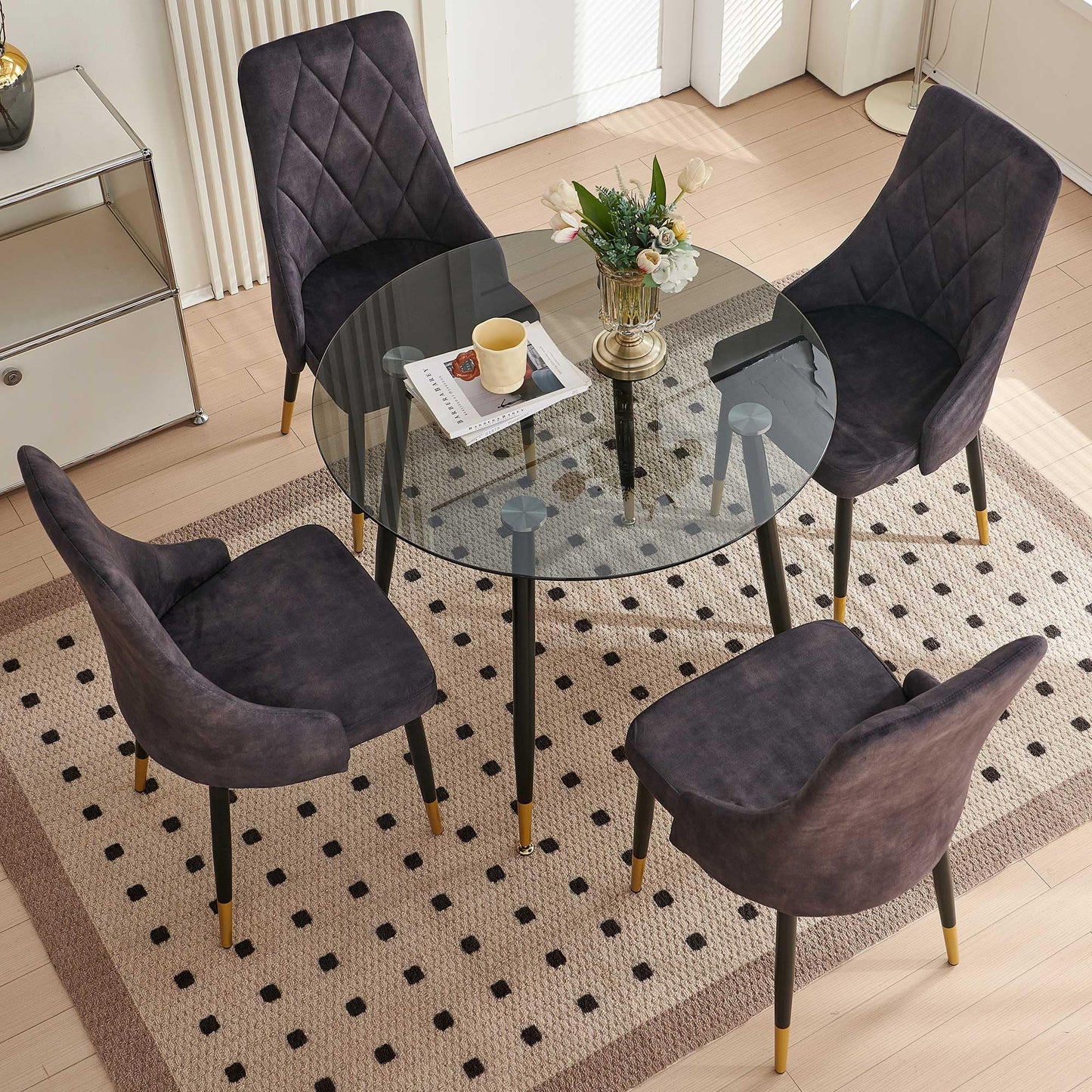 Kitchen Table and Chairs Set, Grey Glass Round Table with Metal Legs, 4 Chairs