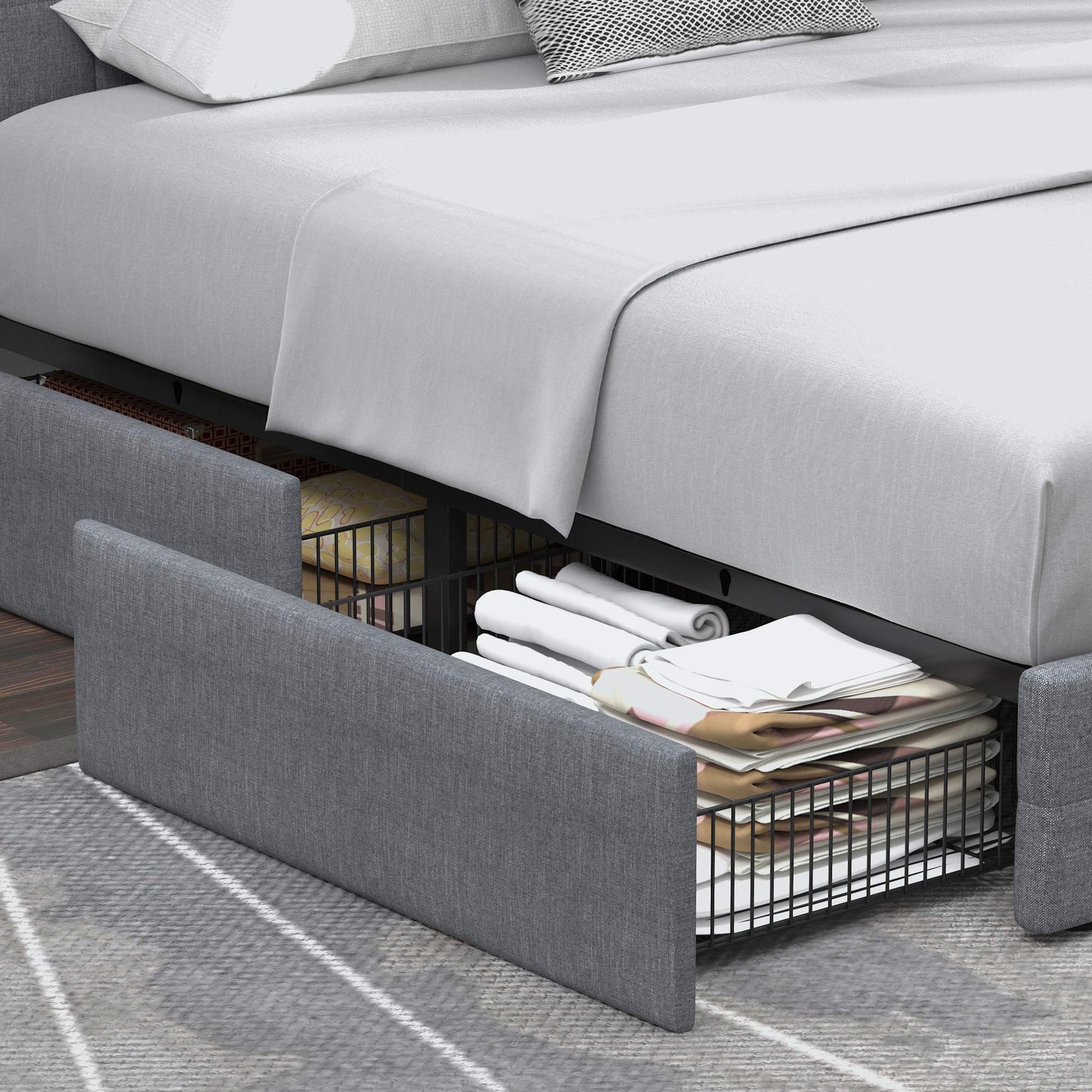 Upholstered Platform Bed Frame with 4 Storage Drawers and Headboard